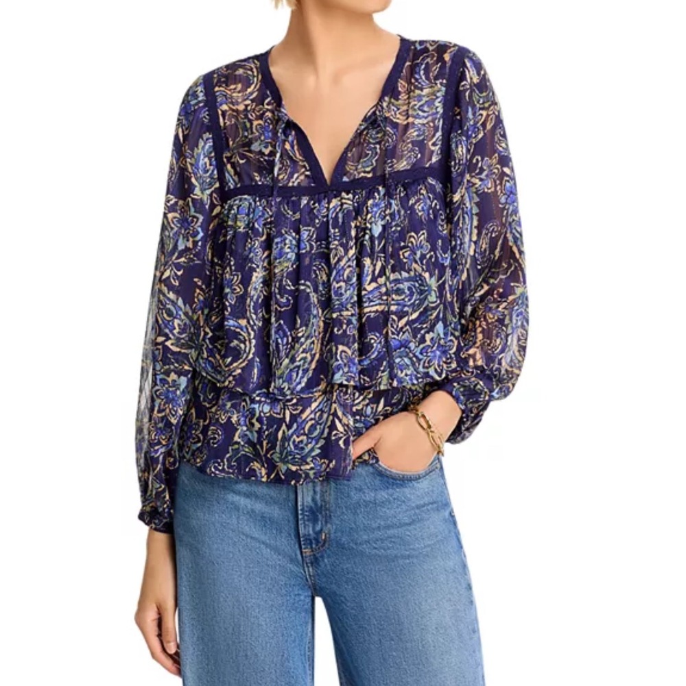 AQUA Women's Paisley Print‎ Long Sleeve V-Neck Blouse Top - Size XS